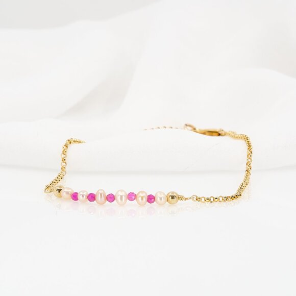 Pink Topaz & Tiny Pearl Bar Bracelet, 14k Gold Filled, Fast Shipping - Picture 1 of 10